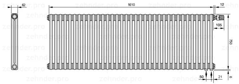 Схема (чертеж) Радиатор Zehnder Charleston 2075/35 №V002 Белый глянцевый RAL 9016